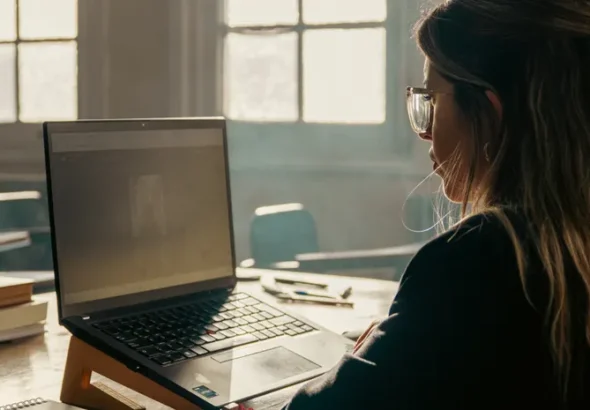 Student using a laptop with free AI writing tools for schoolwork